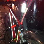 Shiny reflective tape on my bike at night